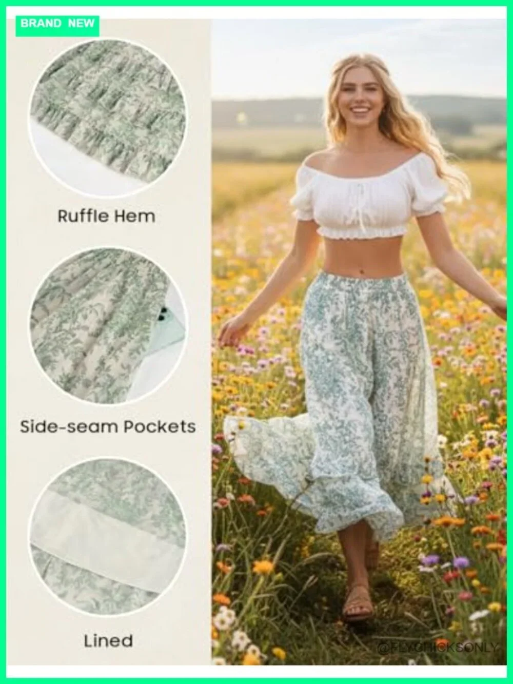 Floral Chiffon Maxi Skirt With Pockets Elastic High Waist Flowy Ruffle